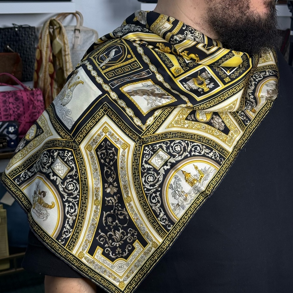 Etro Black, Gold and Cream Paisley Baroque Silk Scarf Bag Accent